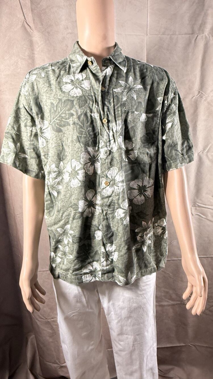 520-Carbon Men's Green/White Hawaiian Floral Cotton Button-Up Short Sleeve M